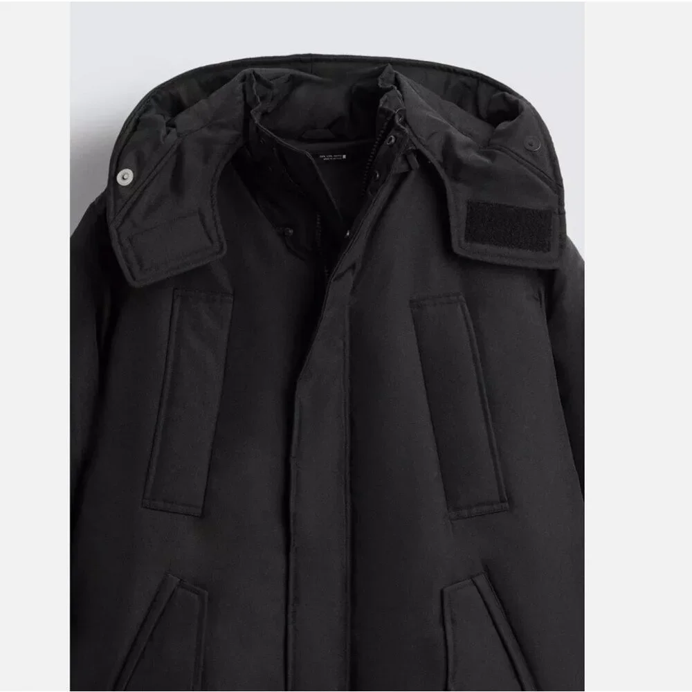 MEN Zara Charcoal Grey Black Quilted Parka With Detachable Hood Coat Size L NWT - Picture 3 of 13